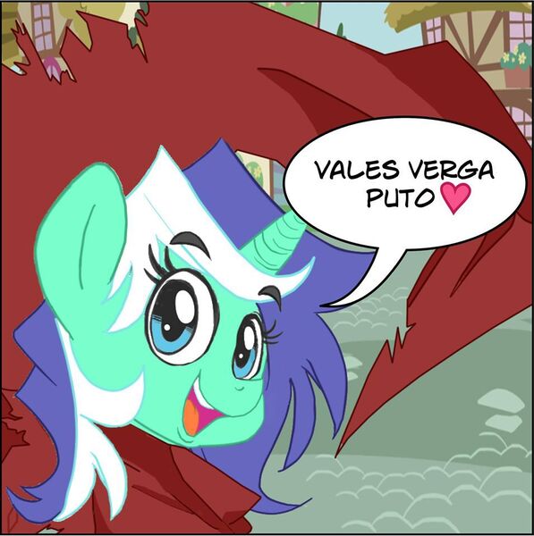 Size: 955x960 | Tagged: artist:marble-soda, colored, cute, derpibooru import, edit, lyrabetes, lyra heartstrings, oc, oc:filly flanks, puto, safe, solo, spanish, translated in the description, vuldorable, vulgar