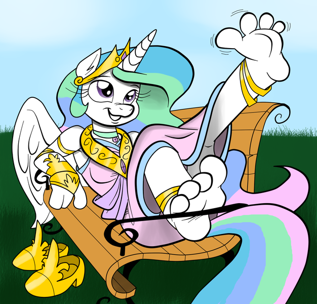 Size: 1280x1227 | Tagged: alicorn, anklet, anthro, artist:ced75, artist:kuroi-wolf, barefoot, cute, cutelestia, derpibooru import, feet, foot focus, happy, plantigrade anthro, praise the sun, princess celestia, safe, soles, solo, toes, true love princesses, wiggling