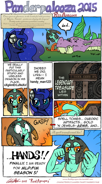 Size: 3559x6394 | Tagged: anthro, artist:redapropos, comic, dead, derpibooru import, gamer luna, helmet, lyra heartstrings, princess luna, safe, skyrim, spike, the elder scrolls