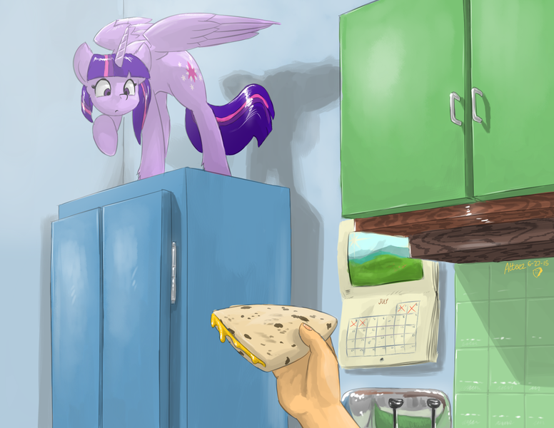 Size: 1584x1224 | Tagged: safe, artist:atteez, derpibooru import, edit, twilight sparkle, twilight sparkle (alicorn), alicorn, human, pony, party pooped, arched back, behaving like a cat, calendar, cheese, cupboard, female, frown, hand, mare, offscreen character, quesadilla, raised hoof, scared, spread wings, they're just so cheesy, turophobia, twilight cat, wide eyes
