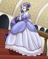 Size: 2700x3300 | Tagged: anthro, artist:toughset, breasts, busty rarity, cleavage, clothes, dead source, derpibooru import, dress, evening gloves, female, gloves, rarity, safe, solo, wink