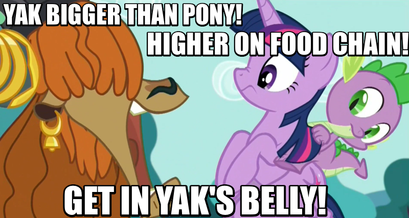 Size: 800x427 | Tagged: safe, derpibooru import, edit, edited screencap, screencap, prince rutherford, spike, twilight sparkle, twilight sparkle (alicorn), alicorn, dragon, pony, yak, party pooped, austin powers, dragons riding ponies, fat bastard, female, image macro, mare, meme, riding, scrunchy face