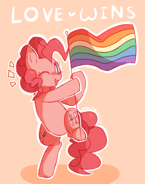 Size: 839x1063 | Tagged: safe, artist:sunomii, derpibooru import, pinkie pie, earth pony, pony, bipedal, blush sticker, blushing, cute, diapinkes, flag, gay pride, gay pride flag, heart, hoof hold, lgbt, looking at you, lovewins, one eye closed, open mouth, orange background, pride, raised leg, simple background, smiling, solo, wink