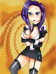 Size: 2456x3236 | Tagged: artist:manhunterj, breasts, busty rarity, cleavage, clothes, derpibooru import, female, human, humanized, panties, rarity, skirt, solo, solo female, suggestive, underwear, upskirt