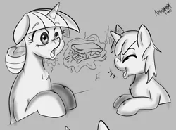 Size: 1280x946 | Tagged: artist:amoniaco, comic:bbbff, derpibooru import, explicit source, fanfic art, feeding, female, food, male, monochrome, mother and son, open mouth, safe, sandwich, shining armor, shiningvelvet, shipping, straight, twilight velvet