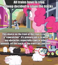 Size: 1092x1224 | Tagged: safe, derpibooru import, screencap, all aboard, pinkie pie, ringo, earth pony, pony, sheep, party pooped, :t, beard, black sheep, cowcatcher, dammit hasbro, dodge junction, ewe, eyes closed, facial hair, female, frown, gritted teeth, male, mare, moustache, pointing, ram, smiling, stallion, train, wide eyes