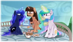 Size: 3500x2000 | Tagged: safe, artist:birb-o-fluff, derpibooru import, princess celestia, princess luna, oc, oc:spring beauty, alicorn, pony, alicorn oc, balcony, cake, tea