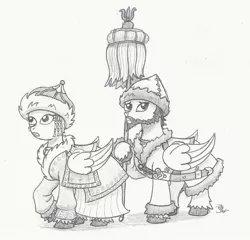 Size: 800x769 | Tagged: safe, artist:sensko, derpibooru import, pegasus, pony, beard, black and white, clothes, duo, facial hair, grayscale, mongol, monochrome, pencil drawing, simple background, traditional art, white background