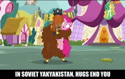 Size: 1280x816 | Tagged: safe, derpibooru import, edit, edited screencap, screencap, pinkie pie, prince rutherford, pony, yak, party pooped, cloven hooves, female, hug, male, yakov smirnov, yakyakistan