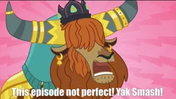 Size: 1920x1080 | Tagged: caption, crown, derpibooru import, ear piercing, earring, edit, edited screencap, hair over eyes, horn, horn ring, image macro, jewelry, meme, party pooped, piercing, prince rutherford, regalia, safe, screencap, yak, yak smash