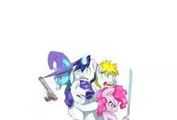 Size: 4267x2894 | Tagged: safe, artist:angelwing314, derpibooru import, derpy hooves, pinkie pie, rarity, shining armor, trixie, oc, pegasus, pony, female, gun, hellsing, mare, sword