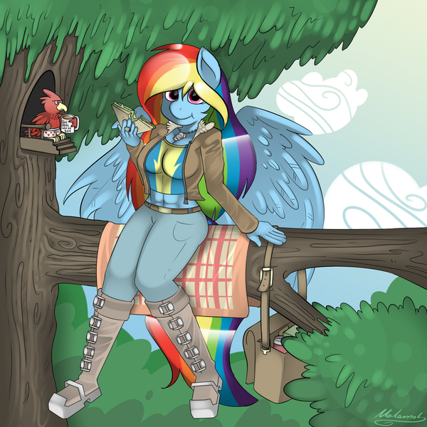 Size: 1500x1500 | Tagged: abs, alternate hairstyle, anthro, artist:malamol, bag, bird, bomber jacket, boots, breasts, busty rainbow dash, clothes, cloud, cloudy, derpibooru import, dog tags, eating, female, food, jacket, long hair, mug, rainbow dash, safe, sandwich, sitting, sitting in a tree, sky, solo, spread wings, :t, tree, tree branch