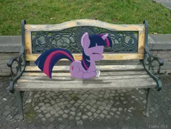 Size: 3264x2448 | Tagged: artist:digitalpheonix, artist:lazypixel, bench, derpibooru import, earbuds, eyes closed, ipod, irl, photo, ponies in real life, safe, shadow, solo, twilight sparkle, vector