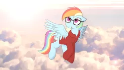 Size: 1920x1080 | Tagged: adorkable, artist:gergta, artist:mcsadat, button-up shirt, clothes, cloud, cloudy, colored, color edit, cute, derpibooru import, dork, edit, flying, glasses, lens flare, long sleeves, looking up, rainbow dash, rainbow dash always dresses in style, safe, shirt, sky, solo, spread wings, wallpaper, wings