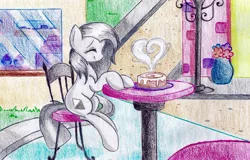 Size: 1994x1276 | Tagged: artist:emberslament, cake, chair, derpibooru import, eyes closed, oc, safe, sitting, solo, table, traditional art, unofficial characters only