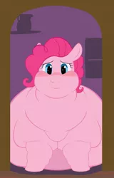 Size: 820x1280 | Tagged: safe, artist:stonershy, derpibooru import, pinkie pie, earth pony, pony, bingo wings, blushing, chubby cheeks, doorway, double chin, fanfic art, fat, flabby chest, huge belly, morbidly obese, neck roll, obese, piggy pie, pudgy pie, solo, story included, stuck
