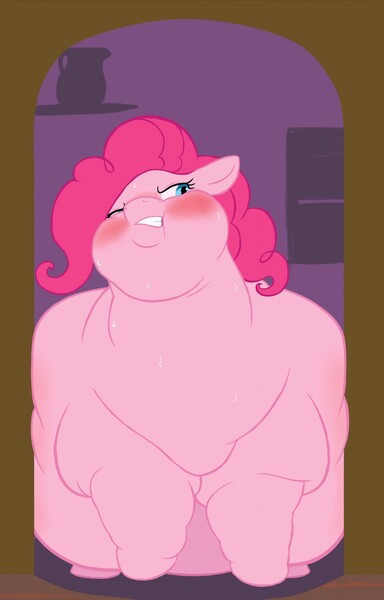 Size: 820x1280 | Tagged: safe, artist:stonershy, derpibooru import, pinkie pie, earth pony, pony, bingo wings, blushing, chubby cheeks, doorway, double chin, fanfic art, fat, flabby chest, gritted teeth, huge belly, morbidly obese, obese, piggy pie, pudgy pie, solo, story included, stuck, sweat