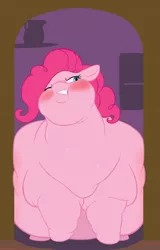 Size: 820x1280 | Tagged: safe, artist:stonershy, derpibooru import, pinkie pie, earth pony, pony, bingo wings, blushing, chubby cheeks, doorway, double chin, fanfic art, fat, flabby chest, gritted teeth, huge belly, morbidly obese, obese, piggy pie, pudgy pie, solo, story included, stuck, sweat