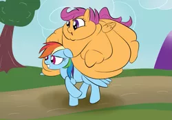 Size: 1095x760 | Tagged: safe, artist:astr0zone, derpibooru import, rainbow dash, scootaloo, pegasus, pony, bingo wings, blob, chubby cheeks, double chin, fat, impossibly large belly, morbidly obese, neck roll, obese, ponies riding ponies, scootalard