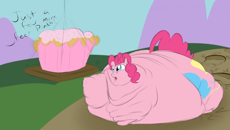 Size: 1280x723 | Tagged: questionable, artist:astr0zone, derpibooru import, pinkie pie, earth pony, pony, ass, belly, belly on floor, bingo wings, blob, carrot on a stick, chubby cheeks, crane, cupcake, eyes on the prize, fat, footprint, giant cupcake, impossibly large belly, impossibly large butt, impossibly large everything, impossibly wide hips, morbidly obese, near immobile, neck roll, obese, outdoors, piggy pie, pothole, pudgy pie, rolls of fat, solo, wide hips