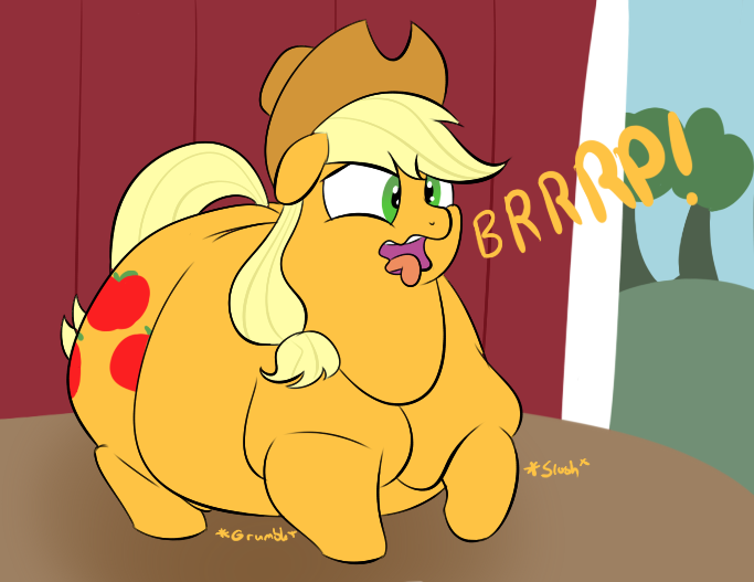 Size: 683x527 | Tagged: safe, artist:astr0zone, derpibooru import, applejack, earth pony, pony, applefat, barn, burp, fat, female, mare, obese, solo, stomach noise, tongue out, wavy mouth