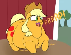 Size: 683x527 | Tagged: safe, artist:astr0zone, derpibooru import, applejack, earth pony, pony, applefat, barn, burp, fat, female, mare, obese, solo, stomach noise, tongue out, wavy mouth