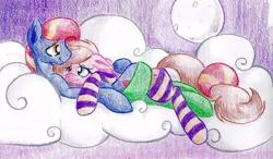 Size: 1024x597 | Tagged: artist:emberslament, clothes, cloud, derpibooru import, oc, safe, snuggling, socks, striped socks, traditional art, unofficial characters only