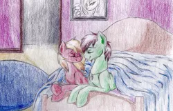 Size: 1024x659 | Tagged: safe, artist:emberslament, derpibooru import, oc, unofficial characters only, bed, traditional art