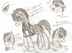 Size: 2259x1645 | Tagged: semi-grimdark, artist:rossmaniteanzu, derpibooru import, ponified, pony, undead, zombie, zombie pony, blood, eddie gluskin, gore, handsome, male, masterpeice, monochrome, outlast, outlast: whistleblower, stallion, traditional art