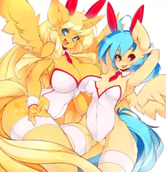 Size: 1155x1200 | Tagged: suggestive, artist:slugbox, derpibooru import, oc, oc:silvia, oc:ticket, unofficial characters only, alicorn, anthro, pegasus, alicorn oc, anthro oc, armpits, boob squish, breasts, bunny ears, bunny girl, bunny suit, clothes, fishnets, leotard, looking at you, simple background, stockings, tongue out, underass, white background