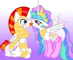 Size: 2845x2329 | Tagged: suggestive, artist:cuddlelamb, derpibooru import, princess celestia, oc, oc:cuddlelamb, armor, bedroom eyes, blushing, clothes, diaper, diaper fetish, eye contact, floppy ears, fluffy, french kiss, kissing, pacifier, poofy diaper, royal guard, sitting, smiling, socks, tongue out
