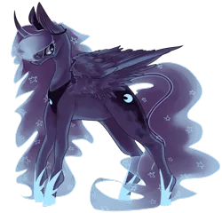 Size: 1024x985 | Tagged: artist:marshmellowcannibal, curved horn, derpibooru import, princess luna, safe, simple background, solo, spread wings, transparent background