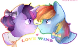 Size: 2455x1474 | Tagged: safe, artist:bukaa-a, derpibooru import, rainbow dash, twilight sparkle, alternate hairstyle, asexual, asexual pride flag, boop, female, gay marriage, gay pride, gay pride flag, image, lesbian, lovewins, marriage equality, mouthpiece, png, politics, pride, shipping, twidash