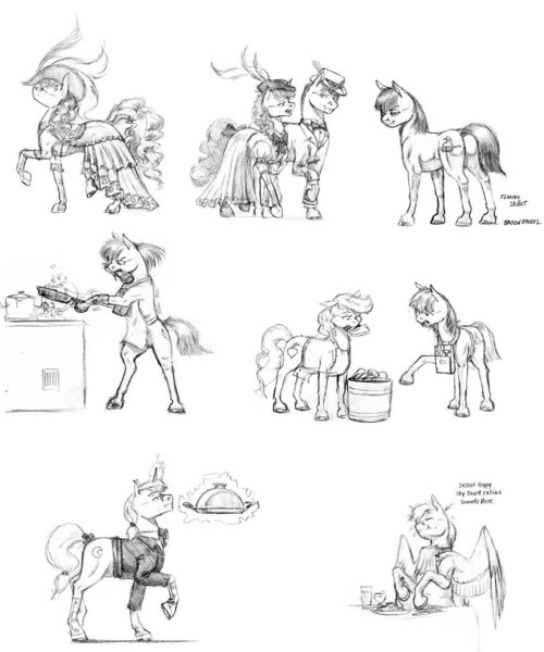 Size: 1100x1320 | Tagged: artist:baron engel, canterlot, clothes, cooking, derpibooru import, dress, eating, food, glass, happy, hat, monochrome, nom, oc, oc:flaming skillet, oc:sky brush, pencil drawing, restaurant, safe, table, traditional art, unofficial characters only