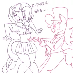 Size: 500x500 | Tagged: suggestive, artist:goat train, deleted from derpibooru, derpibooru import, edit, pinkie pie, rarity, anthro, bedroom eyes, belly button, blushing, bowtie, breasts, busty rarity, cleavage, clothes, dialogue, embarrassed, female, front knot midriff, frown, handkerchief, hat, knot shirt, lesbian, licking, licking lips, lip bite, magic trick, magician, midriff, miniskirt, monochrome, navel play, raripie, school uniform, schoolgirl, shipping, simple background, skirt, smiling, tongue out, top hat, white background, wide eyes