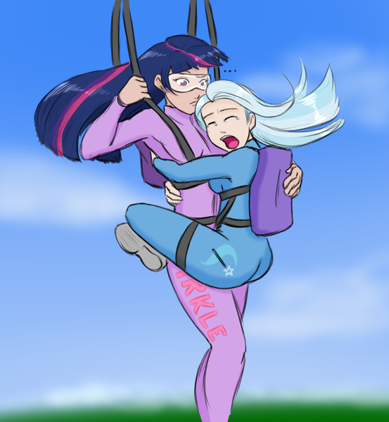 Size: 777x843 | Tagged: air ponyville, artist:eve-ashgrove, carrying, clothes, colored, crying, derpibooru import, goggles, human, humanized, jumpsuit, parachute, safe, scared, sketch, skydiving, trixie, twilight sparkle