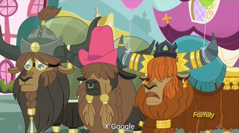 Size: 1277x713 | Tagged: safe, derpibooru import, screencap, prince rutherford, yak, party pooped, discovery family logo, google, meme, youtube caption