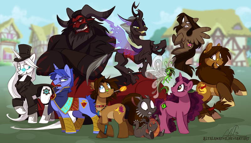 Size: 1382x791 | Tagged: artist:altalamatox, breezie, centaur, changeling, derpibooru import, dragon, oc, ocs everywhere, safe, unofficial characters only