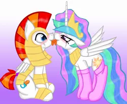 Size: 988x809 | Tagged: suggestive, artist:cuddlelamb, derpibooru import, princess celestia, oc, oc:cuddlelamb, alicorn, pegasus, pony, armor, bedroom eyes, blushing, clothes, eye contact, female, floppy ears, french kiss, guardlestia, kissing, lucky bastard, male, mare, pacifier, royal guard, sitting, smiling, socks, stallion, straight, tongue out