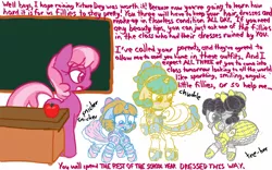 Size: 1280x800 | Tagged: safe, artist:familywing, derpibooru import, cheerilee, rumble, snails, snips, earth pony, pegasus, pony, unicorn, alternate hairstyle, blushing, bow, clothes, crossdressing, crying, curly hair, dress, embarrassed, eyelashes, floppy ears, forced feminization, frilly dress, frown, garters, hair bow, headband, humiliation, lace, makeup, mary janes, open mouth, petticoat, public humiliation, punishment, raised hoof, shoes, sissy, sissyfication, teary eyes, unamused, wide eyes