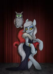 Size: 1024x1427 | Tagged: safe, artist:aisu-isme, derpibooru import, oc, oc:fine ivory, oc:the mare in black, unofficial characters only, earth pony, owl, pony, bracelet, chair, clothes, dress, glowing eyes, sitting, solo, twin peaks