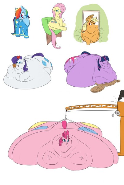 Size: 859x1280 | Tagged: questionable, artist:calorie, derpibooru import, applejack, fluttershy, pinkie pie, rainbow dash, rarity, twilight sparkle, apple, applefat, ass, belly, big belly, bingo wings, blob, cart, chubby, chubby cheeks, couch, crane, doorway, double chin, eating, fat, fattershy, food, gears, grin, horn impalement, huge belly, huge butt, immobile, impossibly large belly, impossibly large butt, large butt, mane six, morbidly obese, muffin, neck roll, obese, piggy pie, plot, property damage, pudgy pie, rainblob dash, raritubby, rolls of fat, smiling, smoke, stuck, tight clothing, twilard sparkle, wonderbolts uniform