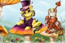 Size: 3333x2206 | Tagged: alice in wonderland, armor, artist:pridark, derpibooru import, hat, mad hatter, mushroom, oc, polearm, safe, tea, teacup, underhoof, unofficial characters only