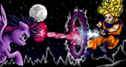 Size: 699x373 | Tagged: safe, derpibooru import, twilight sparkle, twilight sparkle (alicorn), alicorn, pony, dragon ball z, female, fight, goku, goku vs twilight sparkle, kamehameha, magic, mare, super saiyan