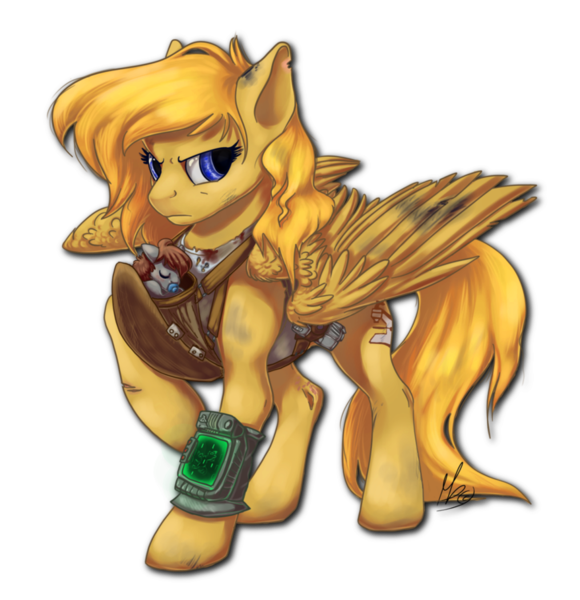 Size: 879x910 | Tagged: safe, artist:gonedreamer, derpibooru import, oc, oc:professoranna, oc:zeus, unofficial characters only, pegasus, pony, fallout equestria, baby, baby pony, badass, cute, foal, gun, mother, mother and son, newborn, pipbuck, pistol