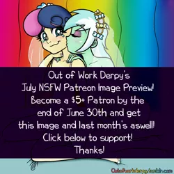 Size: 500x501 | Tagged: suggestive, artist:outofworkderpy, derpibooru import, bon bon, lyra heartstrings, sweetie drops, equestria girls, advertisement, bride, clothes, female, gay marriage, humanized, image, kissing, lesbian, lingerie, lyrabon, patreon, png, shipping, support, teaser, veil