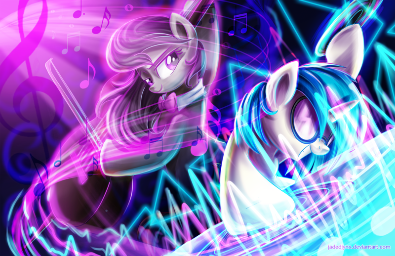 Size: 2000x1294 | Tagged: 100th episode, artist:jadedjynx, cello, classical, derpibooru import, dubstep, musical instrument, octavia melody, safe, vinyl scratch