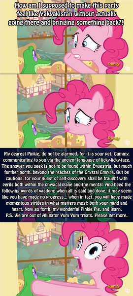 Size: 1065x2363 | Tagged: safe, derpibooru import, edit, edited screencap, screencap, gummy, pinkie pie, prince rutherford, sea swirl, seafoam, sunshower raindrops, twilight sparkle, pony, yak, party pooped, female, gummy the deep thinker, mare, telepathy