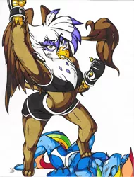 Size: 1675x2202 | Tagged: safe, artist:armpit-warrior, derpibooru import, gilda, rainbow dash, anthro, gryphon, armpits, backbend, bruised, clothes, compression shorts, fight, fingerless gloves, gloves, knockout, midriff, mma, sports bra, stepped on, traditional art, trampling