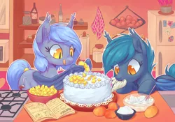 Size: 2500x1750 | Tagged: safe, artist:mav, derpibooru import, oc, oc:panne, oc:speck, unofficial characters only, bat pony, pony, baking, bat wings, book, bowl, cake, cookbook, cute, ear fluff, ear tufts, egg, eyes on the prize, female, food, frosting, fruit, high res, hoof hold, icing bag, indoors, kitchen, leaning, licking lips, looking at something, mango, mare, mouth hold, ocbetes, recipe, refrigerator, silly, slit eyes, smiling, standing, stove, sugar (food), tail wrap, tongue out, whisk, wing hands, wings